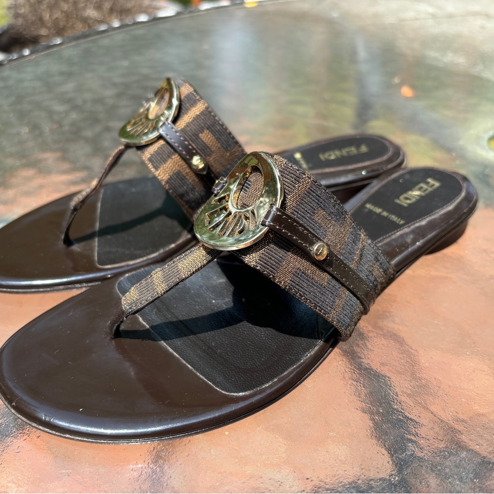 Fendi Zucca Gold Brown Canvas Leather Flat Thong Sandals Size 36.5 US 6.5